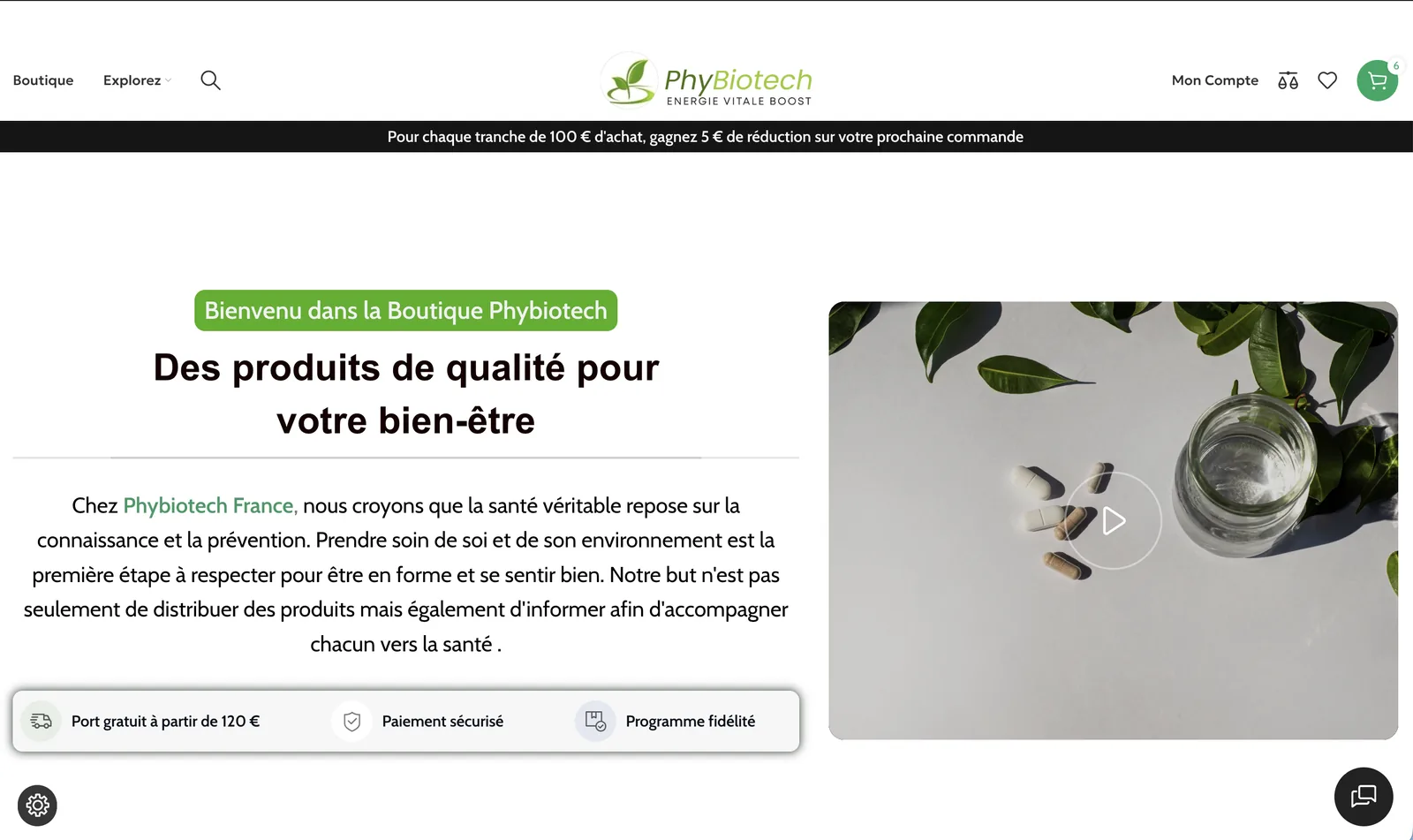 Page d'accueil du site Boutique Phybiotech